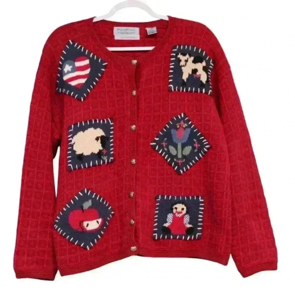 Vintage 90s Hand Embroidered Cardigan Sweater Size Large Ramie Cotton Grandma - Picture 1 of 12